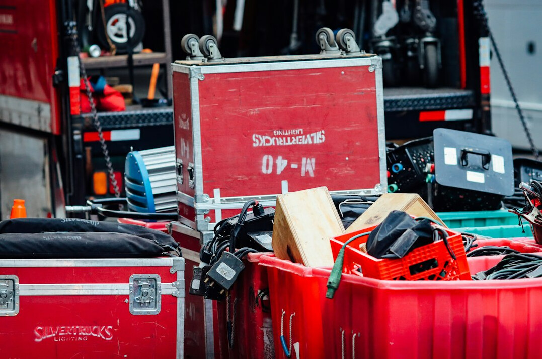 Open flight cases with portable live event broadcast equipment
